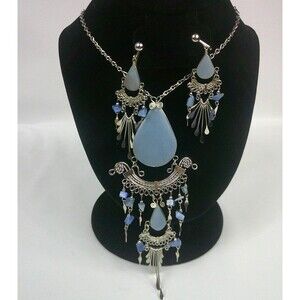 Vintage Necklace Clip Earrings Set Filigree Chandelier Blue Stones Silver Tone